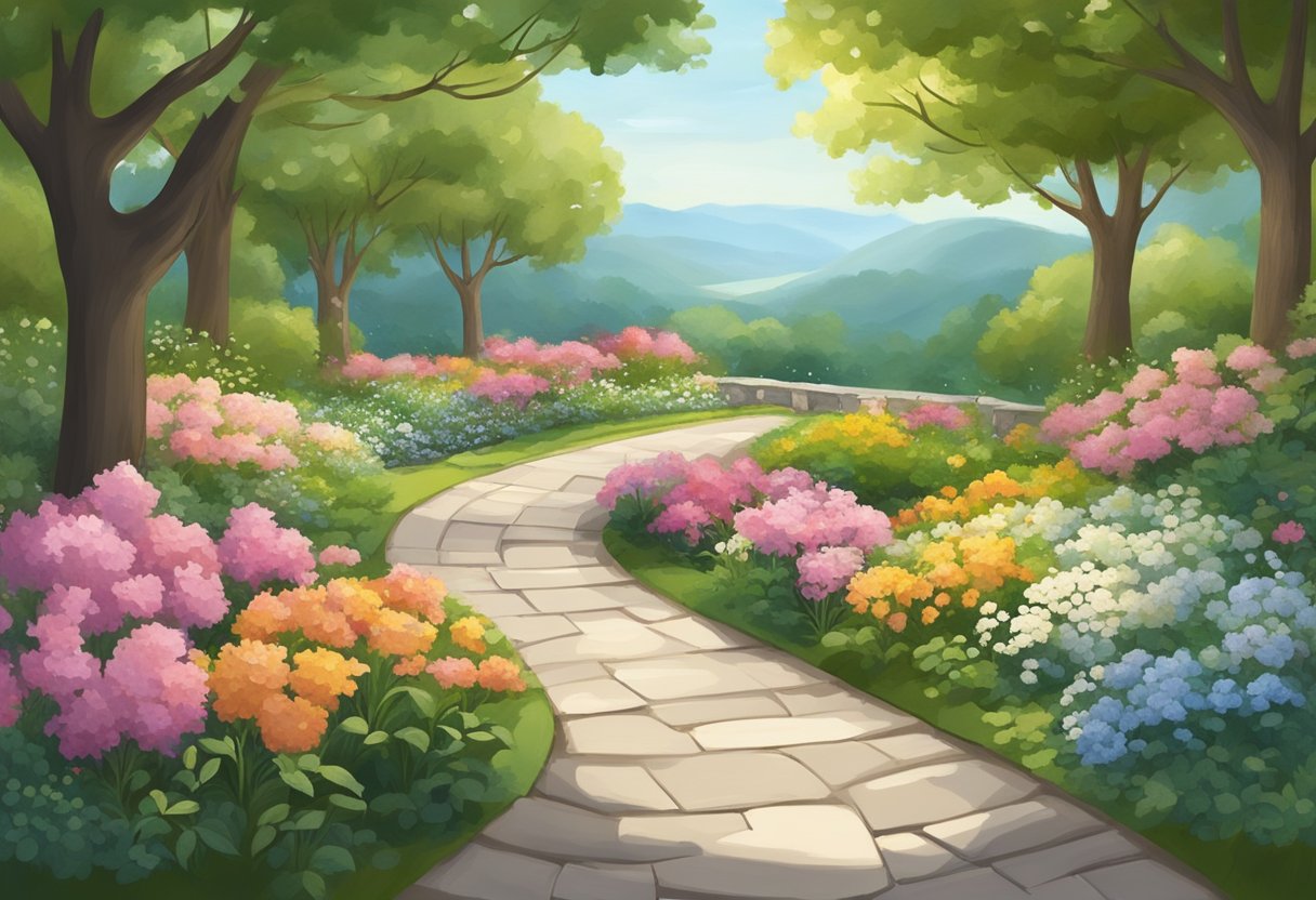 A serene landscape with a winding path leading to a peaceful garden filled with blooming flowers and calming elements