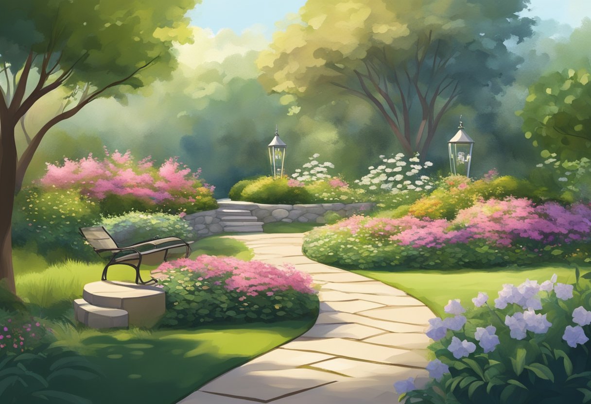 A serene garden with a winding path, comfortable seating, and gentle lighting, providing a peaceful environment for relaxation and pain management