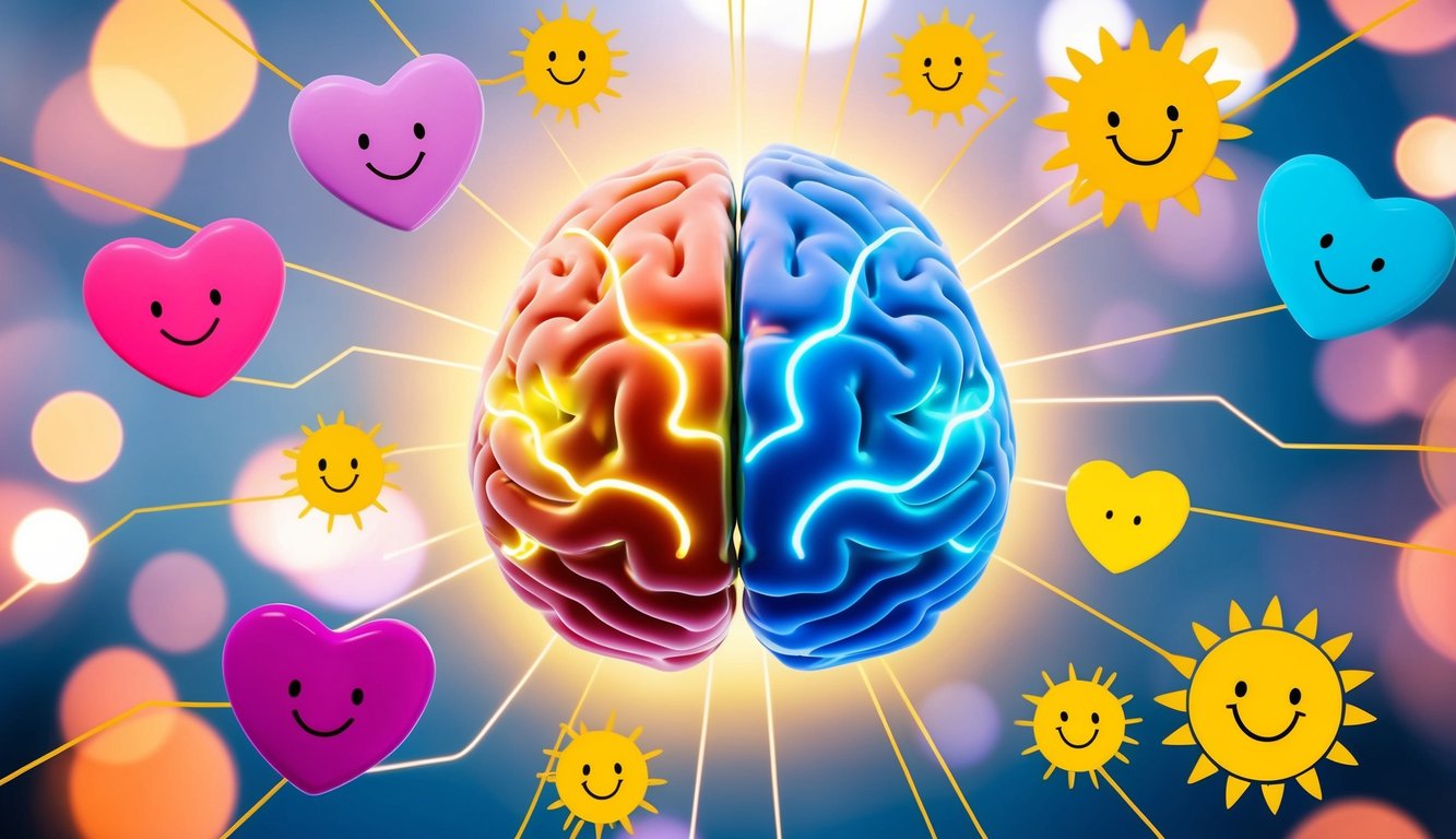 A colorful brain with glowing pathways and neurotransmitters, surrounded by symbols of happiness such as hearts, smiles, and sunshine