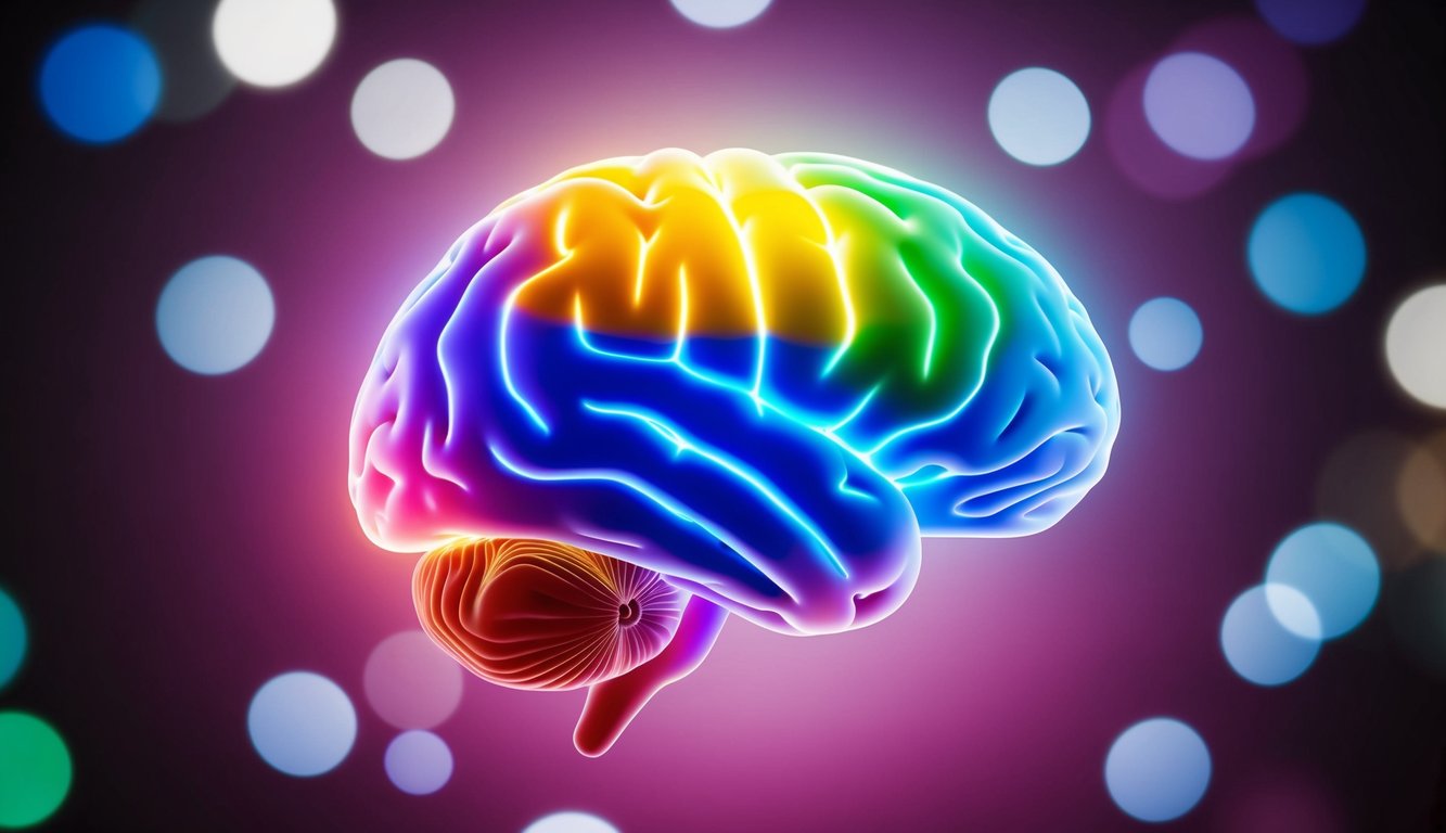 A colorful brain with glowing areas representing joy and happiness