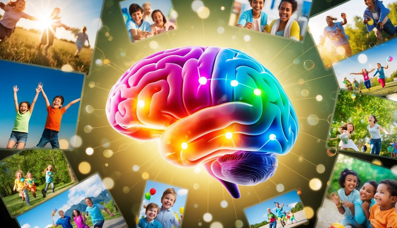 A colorful brain with happy, glowing neurons surrounded by images of joyful activities and nature scenes