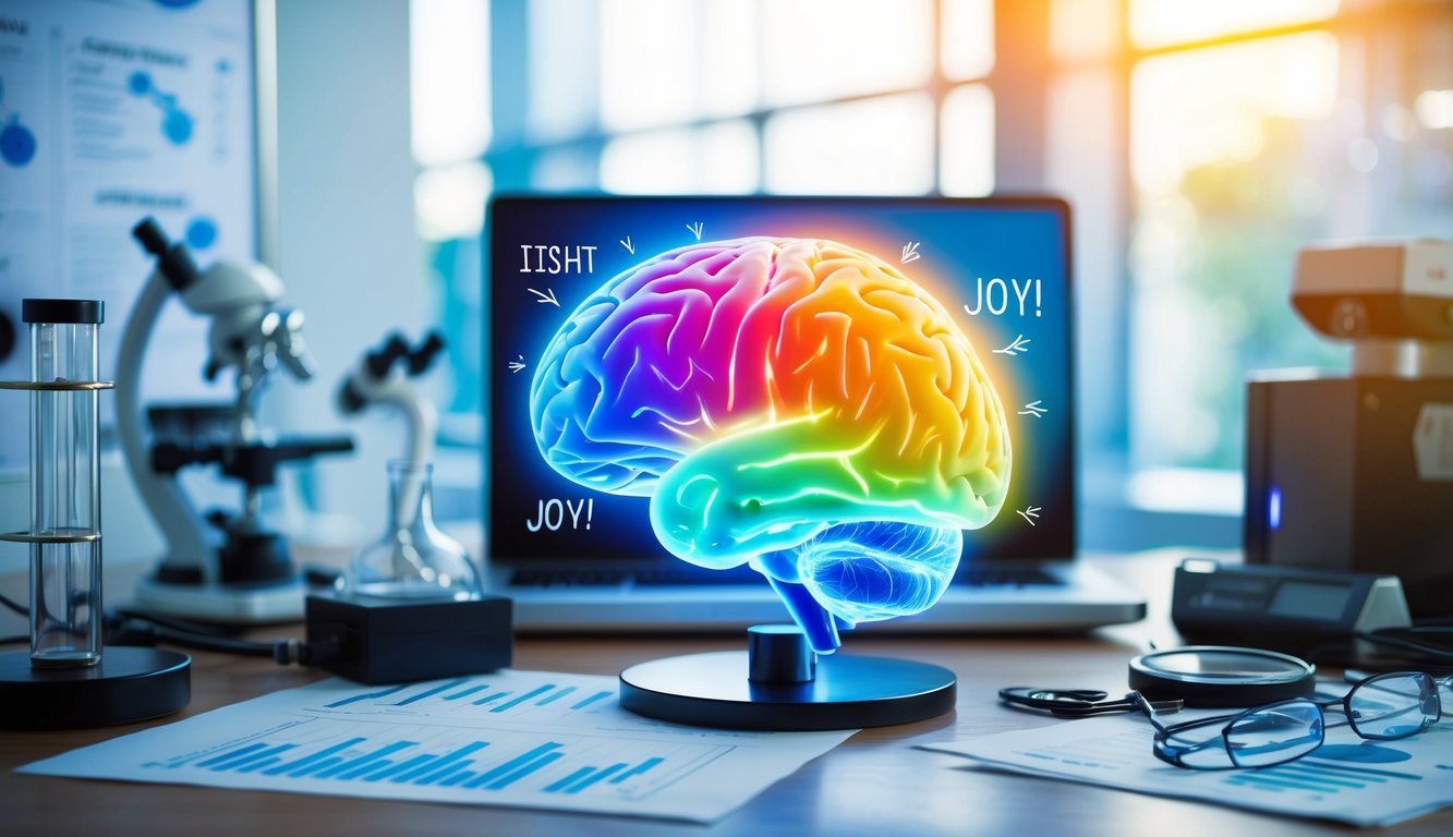 A colorful brain with glowing areas representing joy, surrounded by scientific equipment and charts