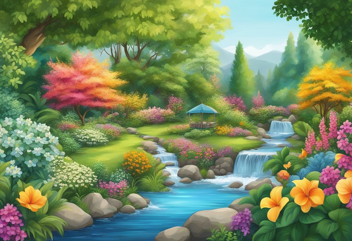 A lush garden with blooming flowers and ripe fruits, surrounded by clear streams and vibrant wildlife