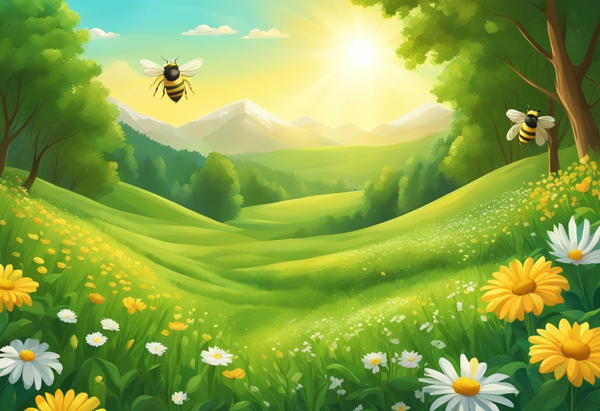 A lush green field with blooming flowers and buzzing bees, surrounded by a forest teeming with wildlife. The sun shines down, casting a warm glow on the natural beauty