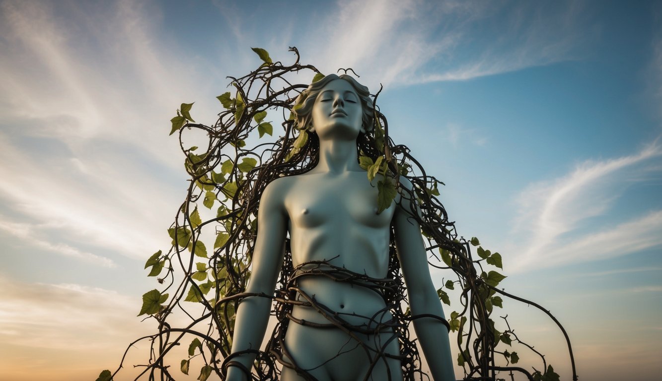 A serene figure surrounded by tangled vines, gradually unraveling and releasing into the open sky