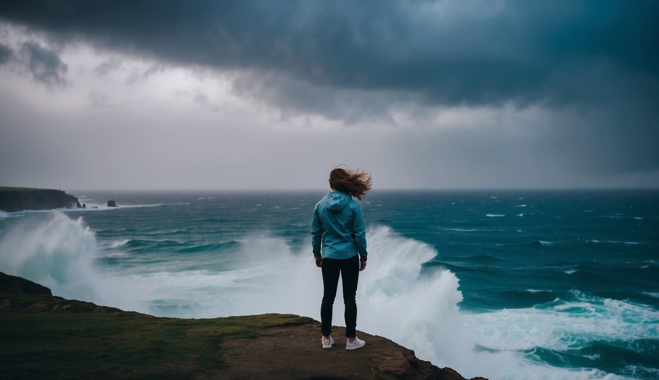 A person standing at the edge of a cliff, looking out at a vast, stormy sea. The wind is blowing their hair and the waves are crashing against the rocks below