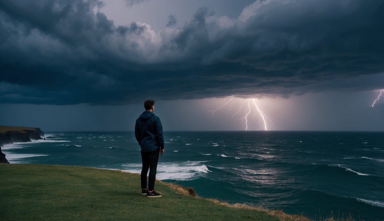 A person standing at the edge of a cliff, looking out at a stormy sea. The sky is dark and turbulent, with lightning striking in the distance