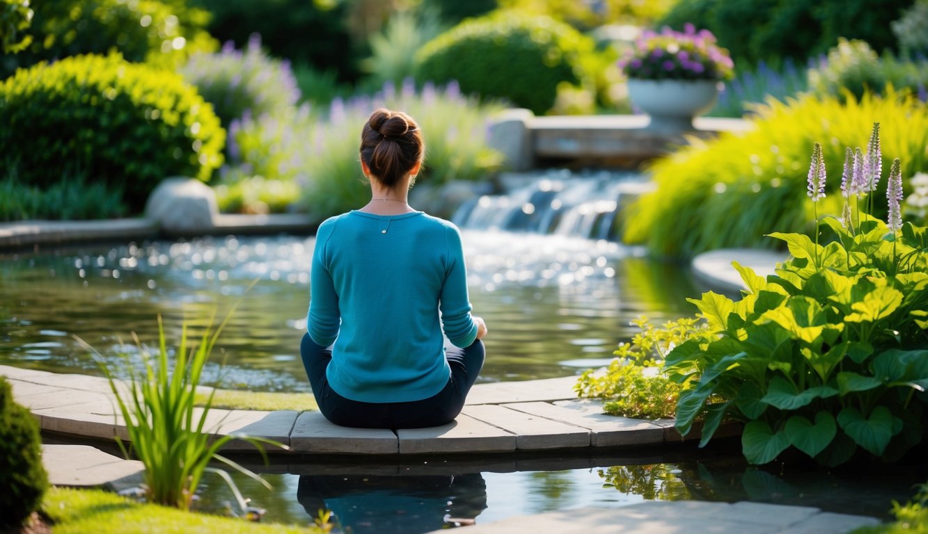 A person sitting in a peaceful garden, surrounded by calming elements such as flowing water, gentle breeze, and lush greenery