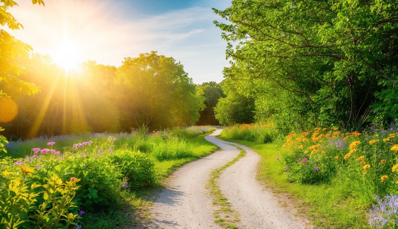 A serene nature scene with a winding path leading to a peaceful, sunlit clearing, surrounded by lush greenery and colorful flowers