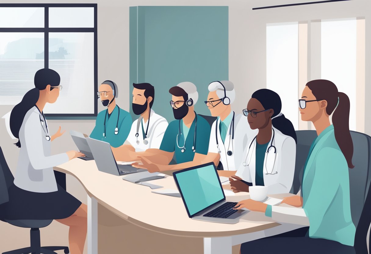 A group of certified physicians and healthcare professionals conducting online consultations in a virtual meeting room