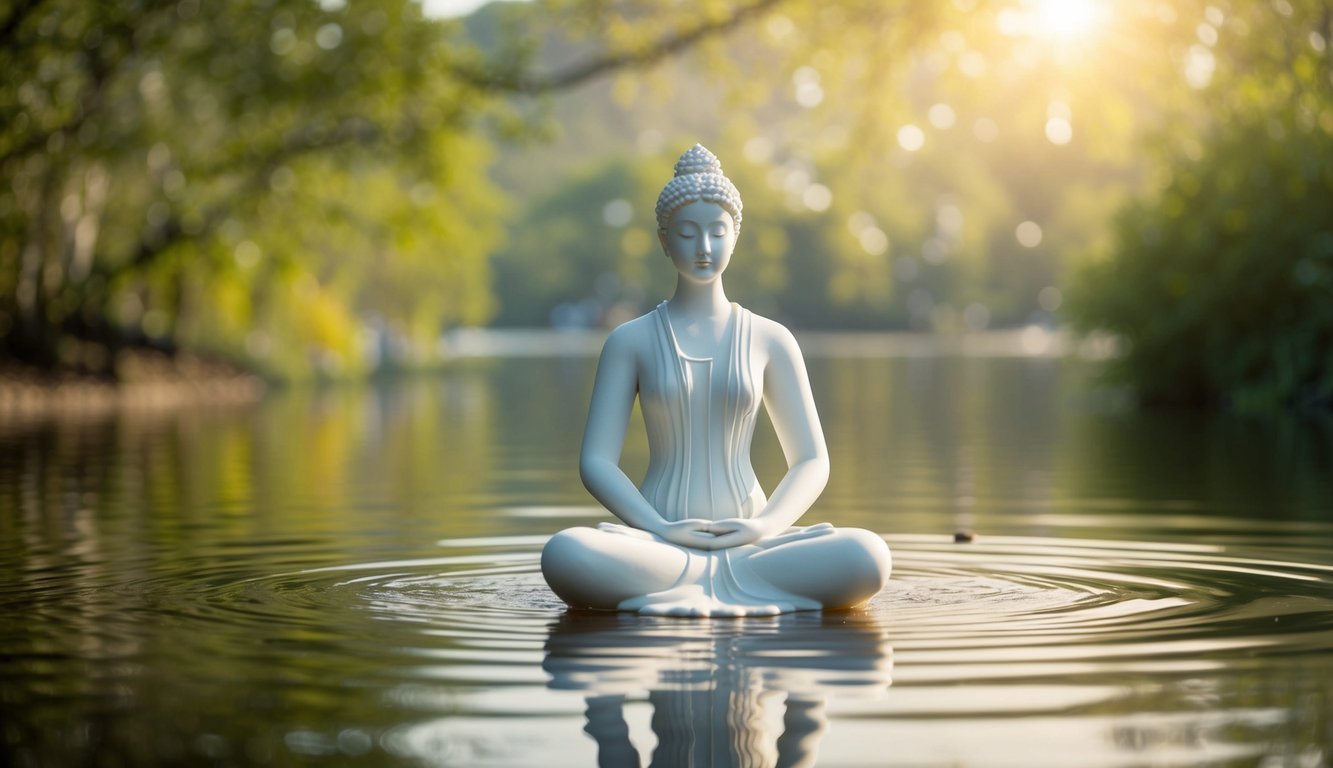 A serene figure sits in a peaceful, natural setting, surrounded by calming elements like water, trees, and gentle sunlight