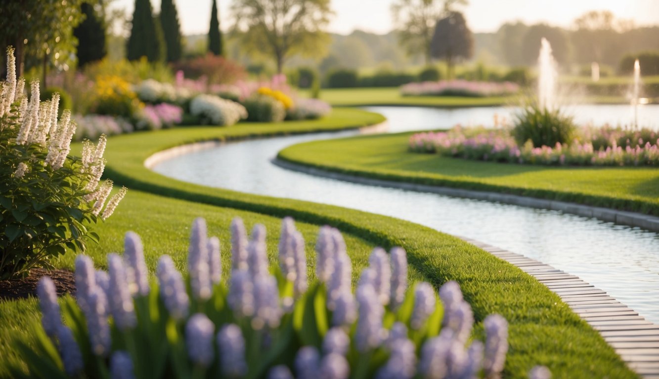 A serene landscape with a winding path leading to a peaceful garden, surrounded by blooming flowers and tranquil water features