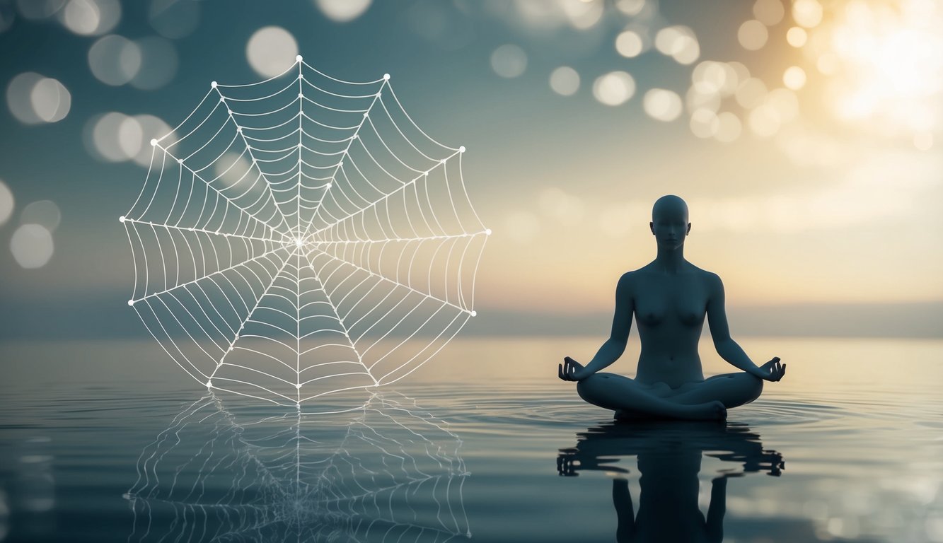 A serene, peaceful setting with a figure conquering a tangled web of anxiety, using various techniques to regain control and find inner peace