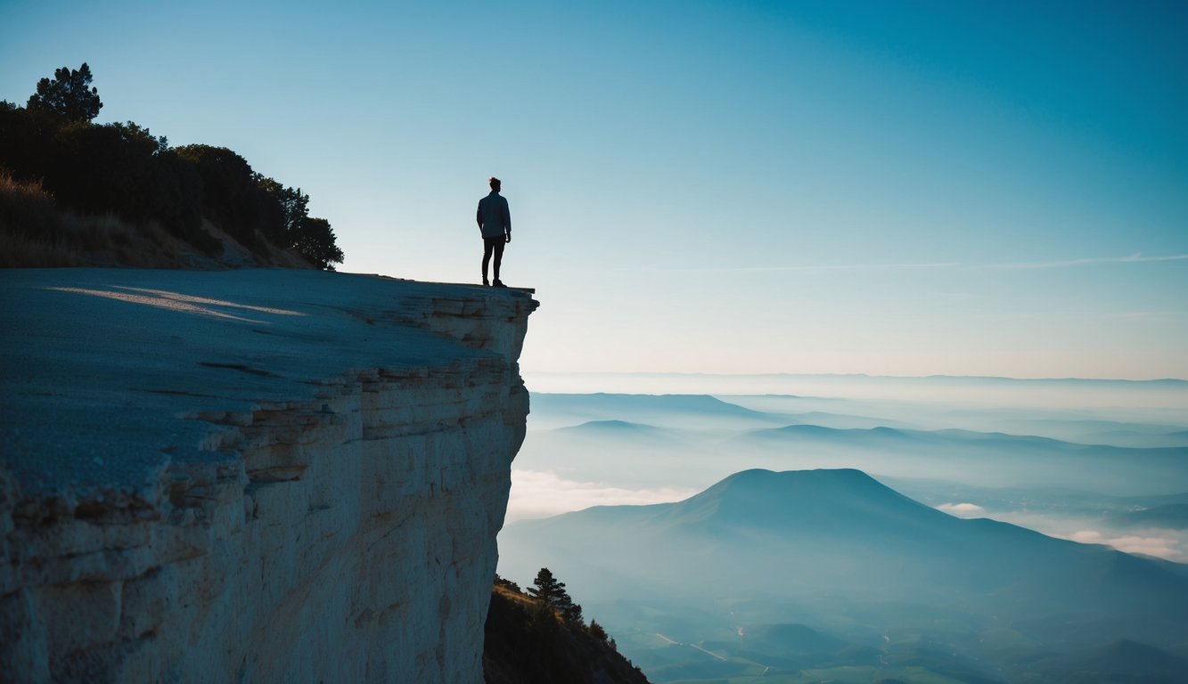 A person standing on the edge of a cliff, looking out at a vast and calming landscape with a clear blue sky overhead