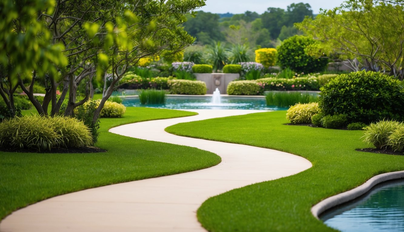 A serene landscape with a winding path leading to a peaceful oasis, surrounded by lush greenery and calming water features