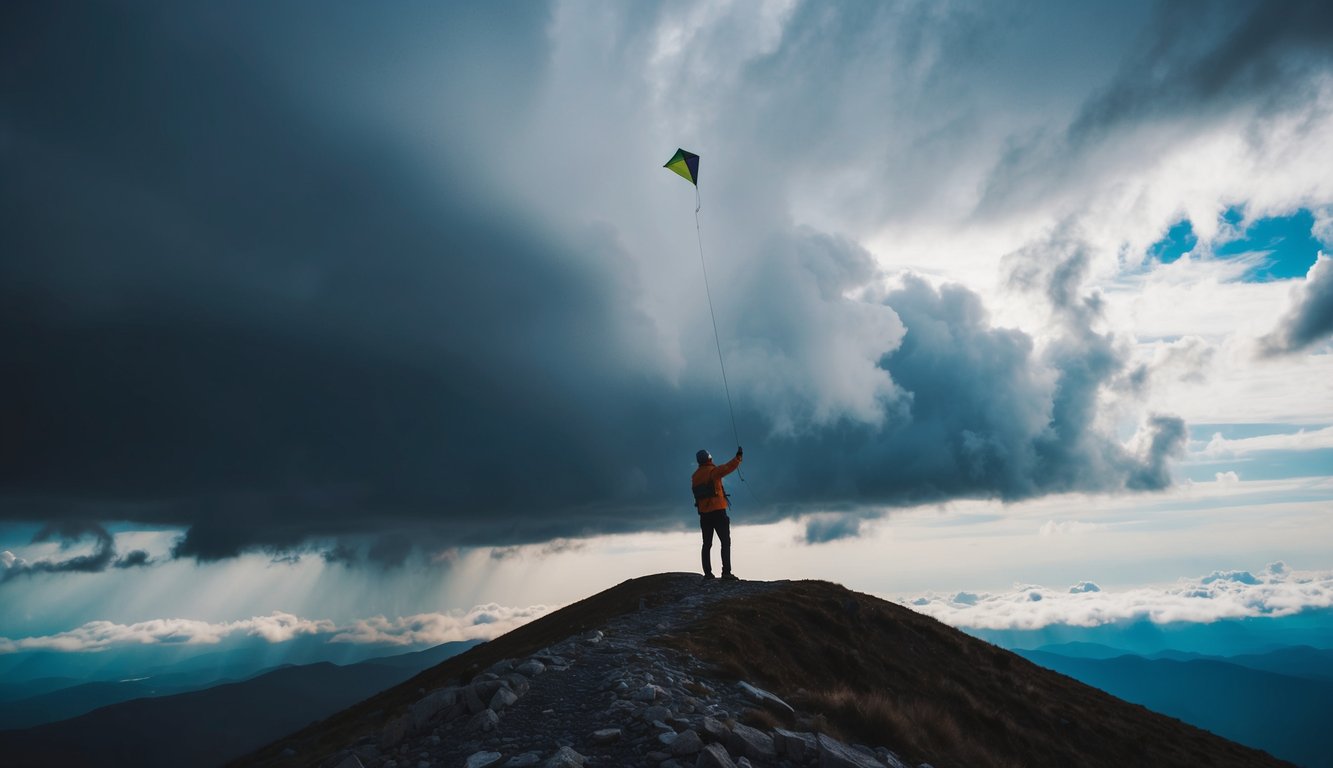 A person standing on a mountain peak, surrounded by storm clouds. They are holding a kite, which is flying high in the sky, symbolizing freedom and control