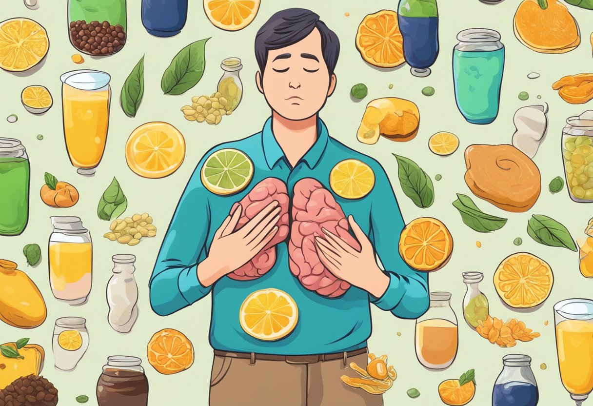 A person holding their chest in discomfort while surrounded by acidic foods and beverages