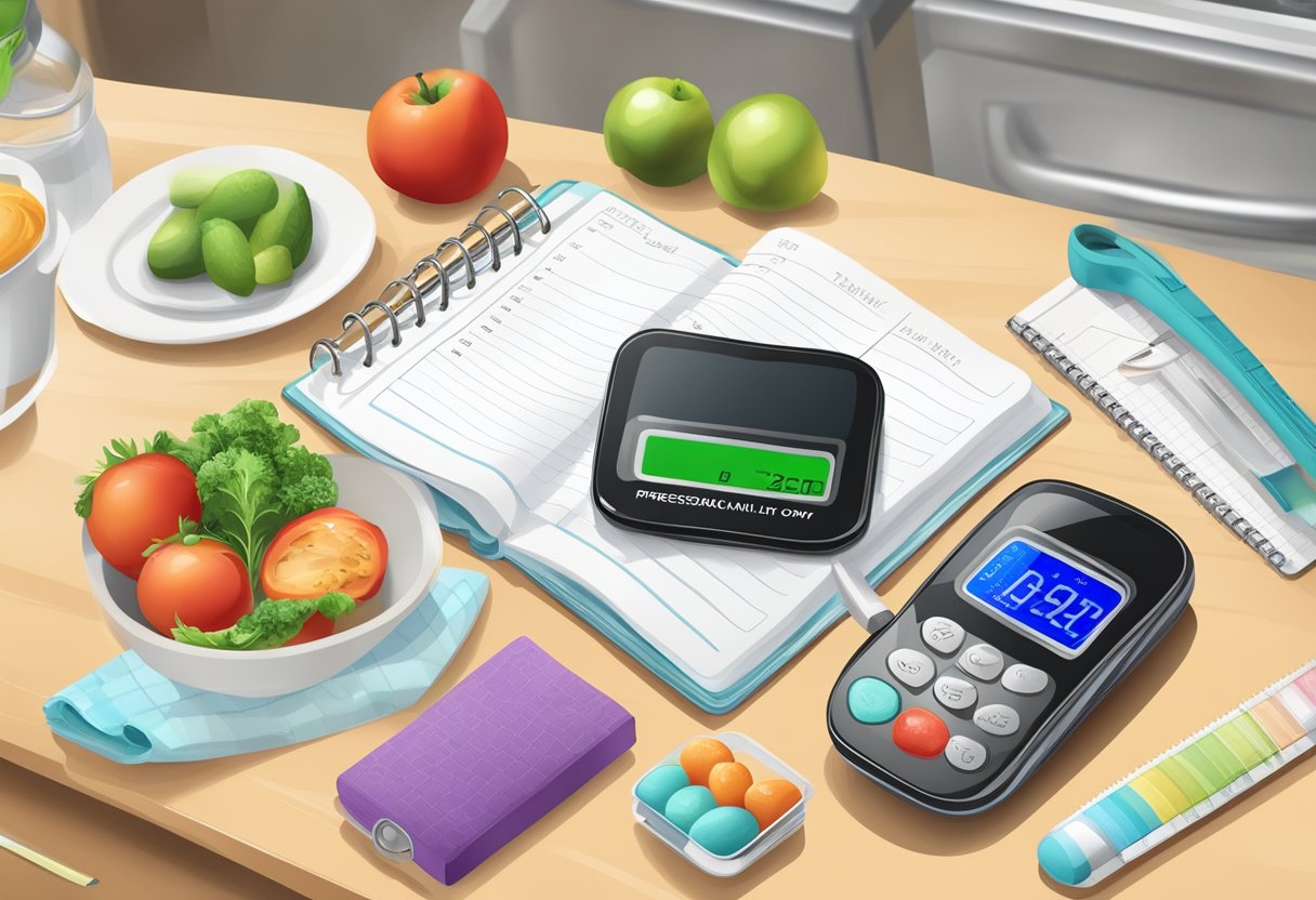 A kitchen counter with a blood glucose monitor, healthy food, medication, and a daily planner