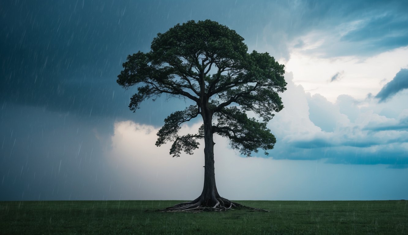 A lone tree stands tall amidst a storm, its roots firmly anchored in the ground as the wind and rain batter its branches