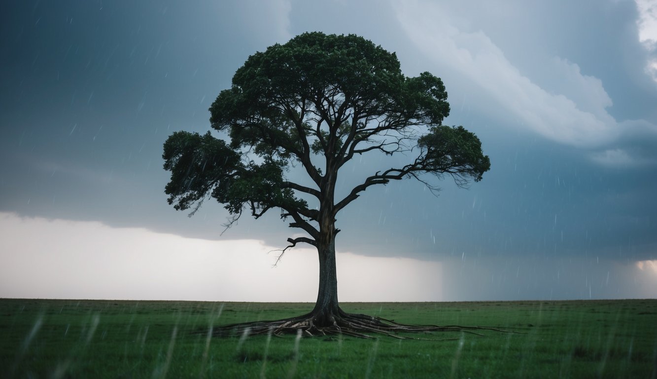 A lone tree stands tall in a storm, its roots firmly anchored in the ground as it weathers the wind and rain