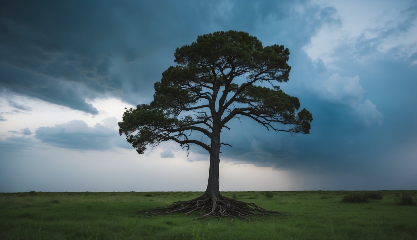 A lone tree standing tall amidst a storm, its roots firmly anchored in the ground while its branches sway with the wind