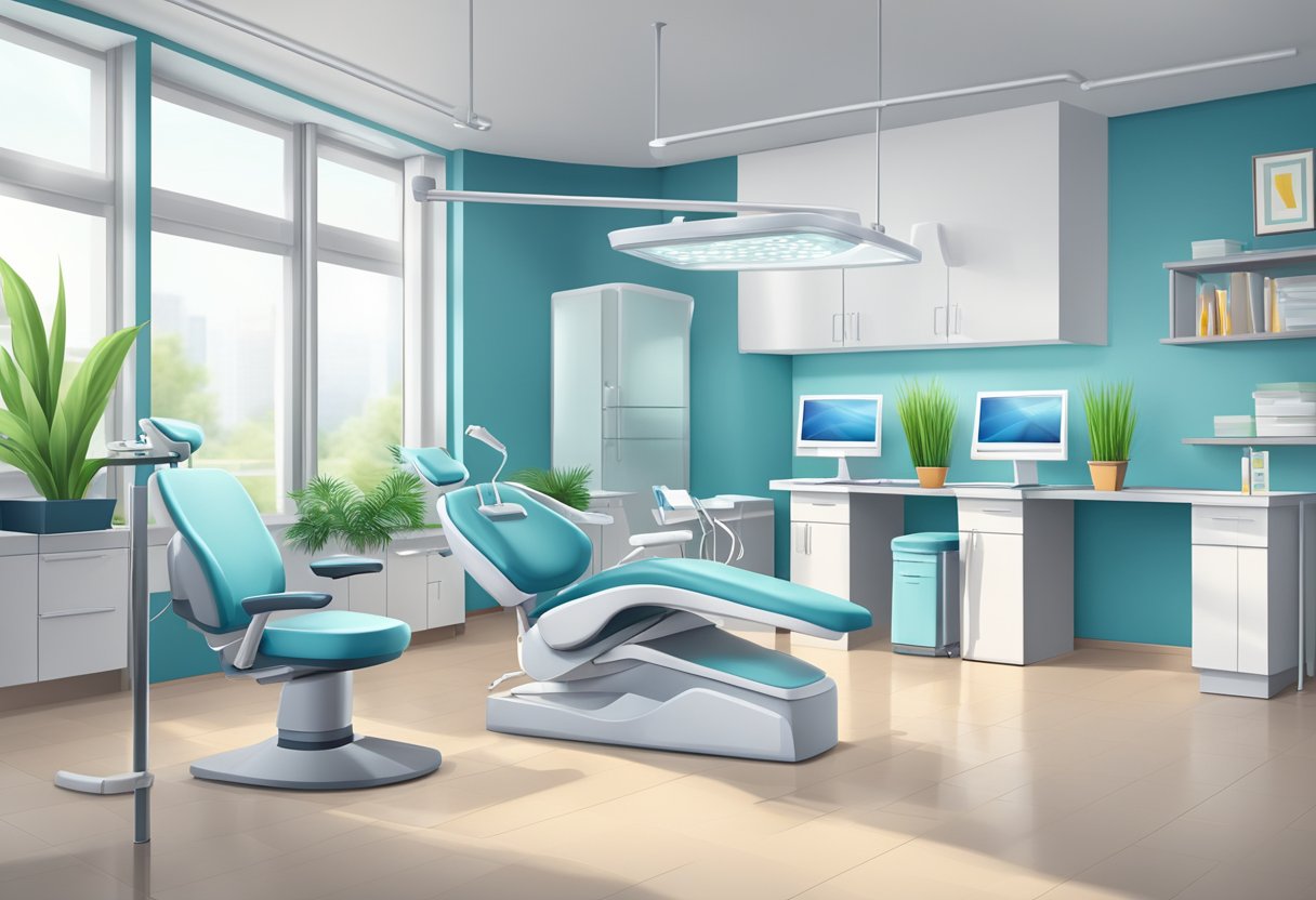 A dental office with a friendly reception area, comfortable chairs, and modern equipment