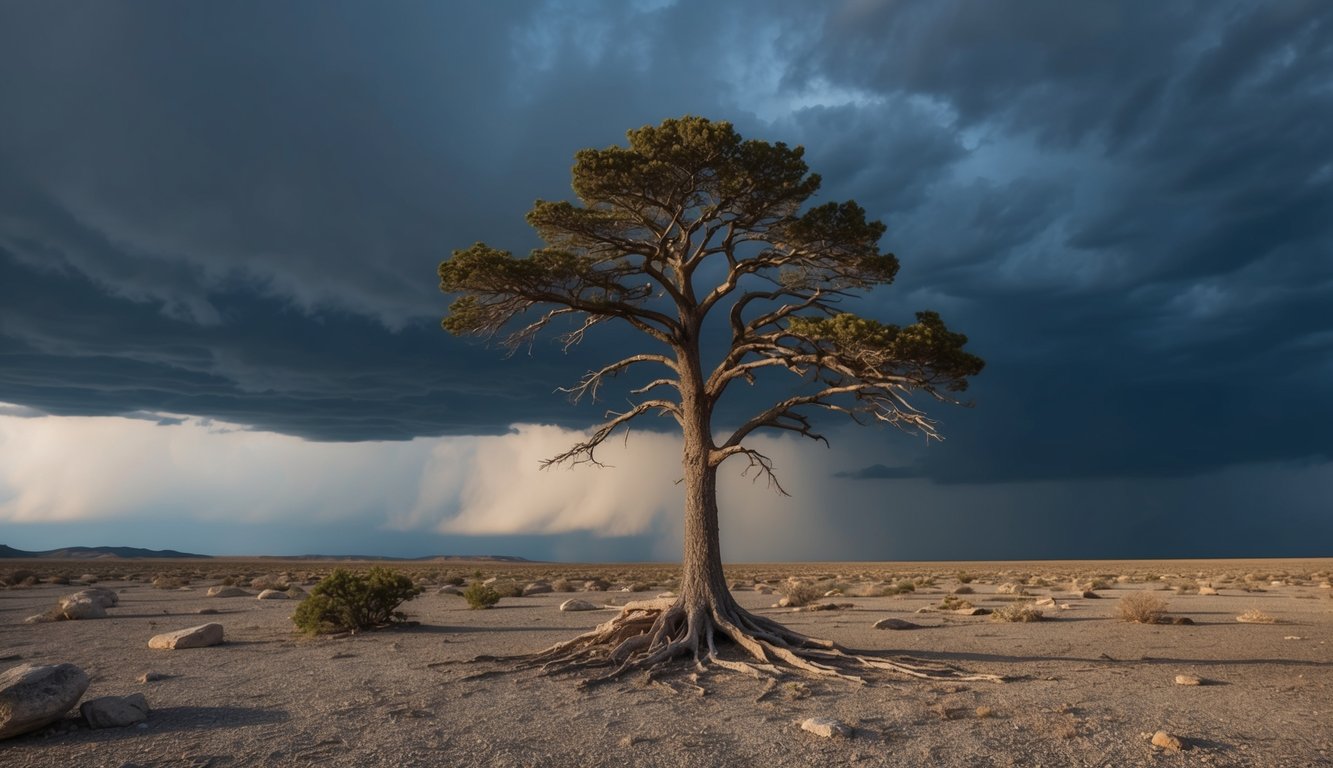 A lone tree stands tall amidst a barren landscape, its roots firmly anchored in the rocky ground. Dark storm clouds loom overhead, but the tree stands strong, symbolizing resilience