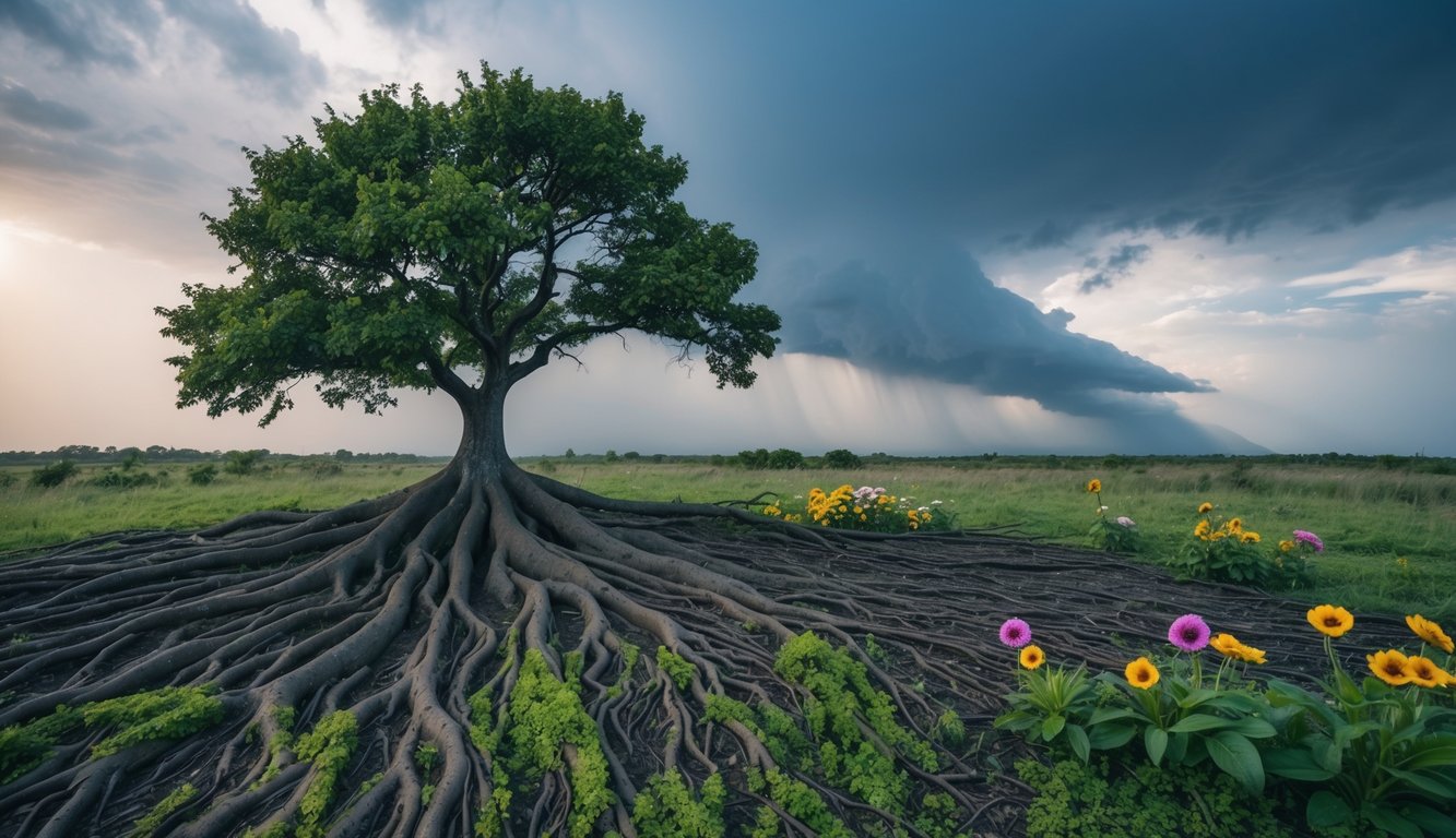 A tree with deep roots withstands a storm, while nearby flowers bloom despite the harsh conditions, symbolizing resilience and strength