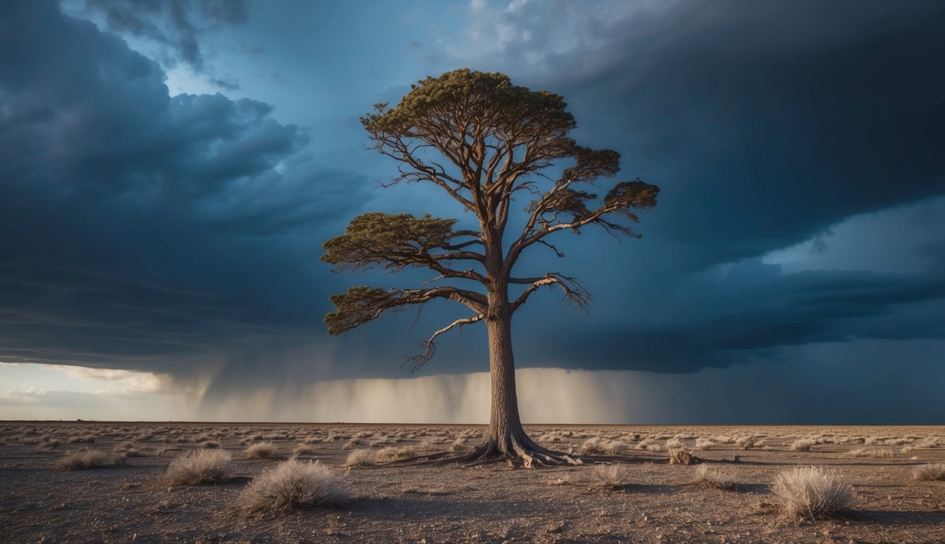 A lone tree stands tall amidst a barren landscape, its roots firmly anchored in the ground. Dark storm clouds loom overhead, but the tree remains unwavering, symbolizing resilience