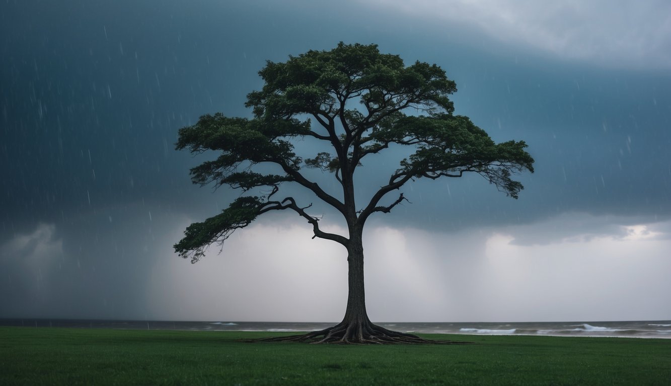 A lone tree stands tall amidst a storm, its roots firmly anchored in the ground as it weathers the powerful winds and rain