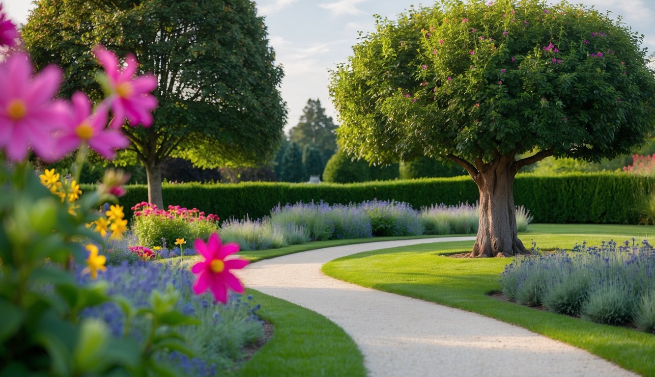 A tranquil garden with vibrant flowers and a winding path leading to a sturdy tree, symbolizing resilience and growth