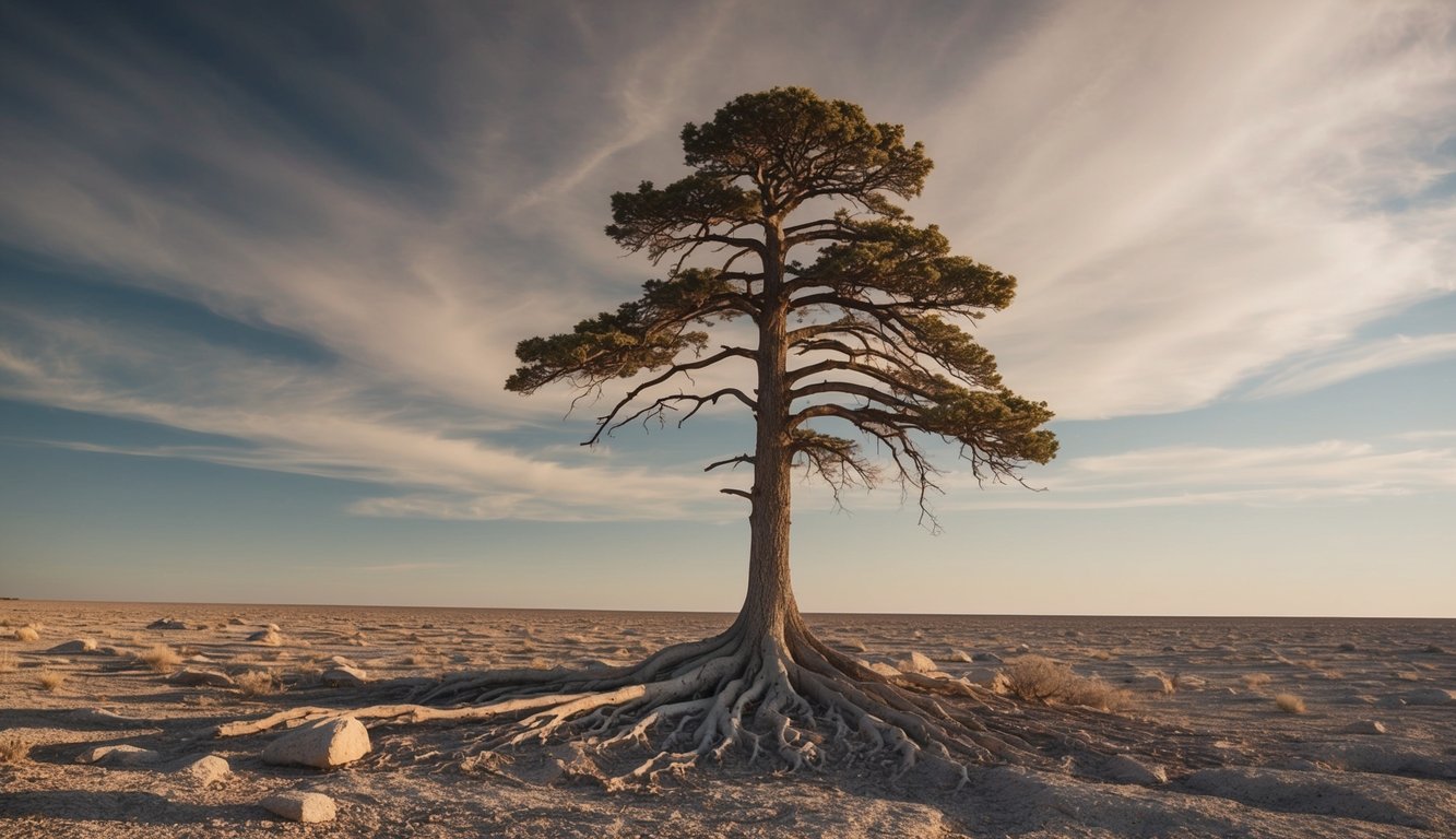 A lone tree standing tall in a barren landscape, its roots digging deep into the rocky ground, weathering the harsh elements