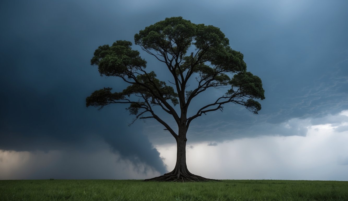 A lone tree standing tall amidst a storm, its roots firmly anchored in the ground as it withstands the powerful forces of nature