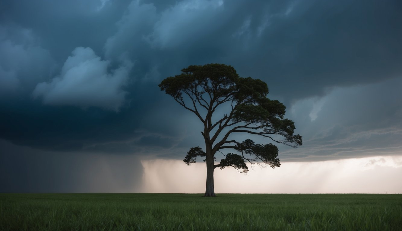 A lone tree stands tall amidst a storm, its branches bending but not breaking. Dark clouds loom overhead, but the tree remains steadfast, symbolizing resilience