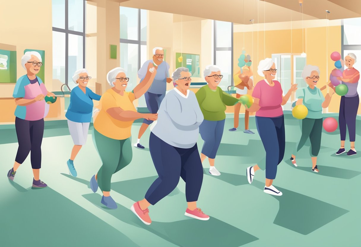 A group of seniors engaged in various activities at a modern health care facility, including exercise classes, therapy sessions, and socializing in a bright and welcoming environment