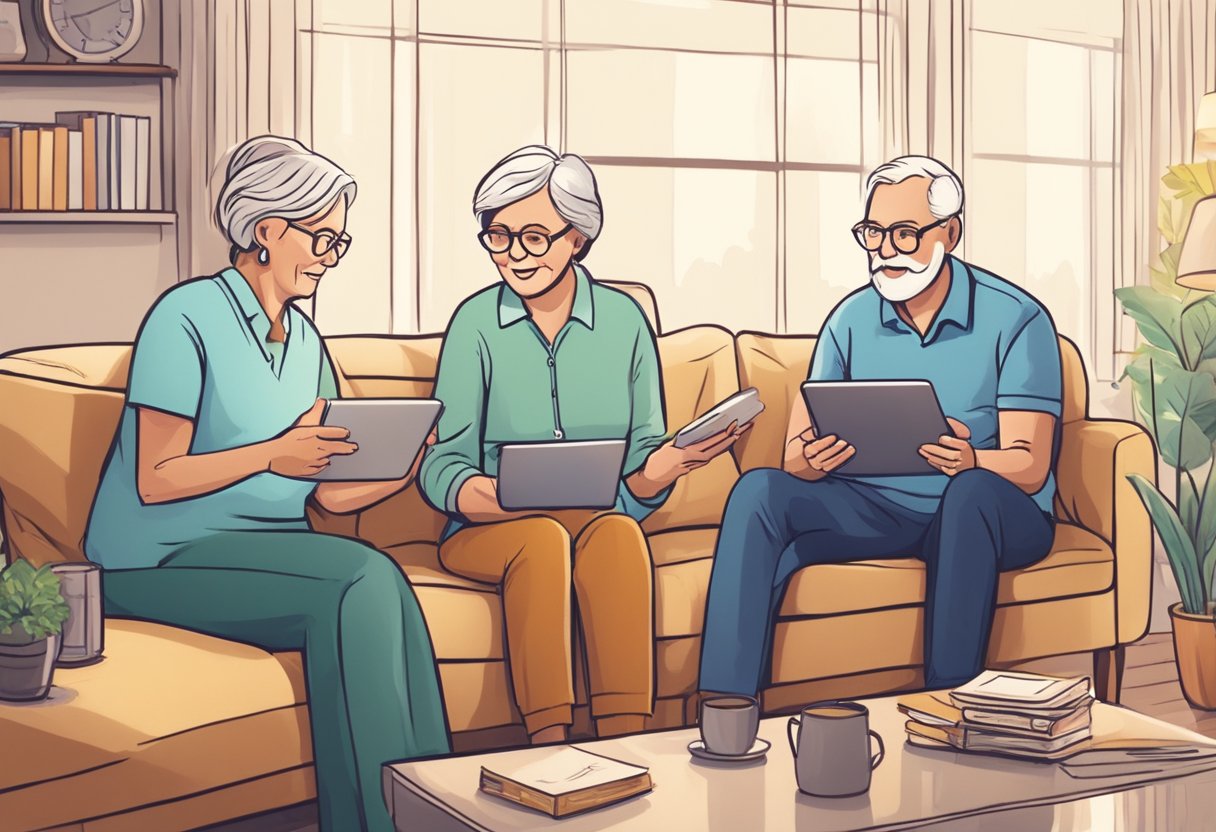 A senior couple discussing health care options with a financial advisor in a cozy living room setting. The advisor presents cost breakdowns and options on a tablet