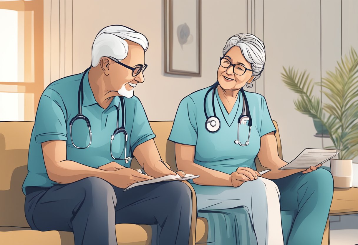 A senior couple sitting with a healthcare professional, discussing options