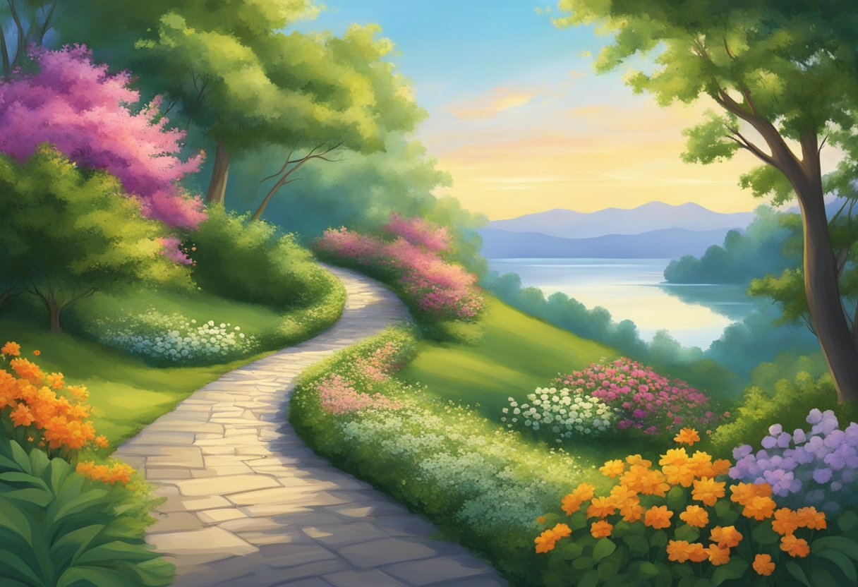 A serene nature scene with a winding path through lush greenery, leading to a tranquil body of water surrounded by colorful flowers and trees