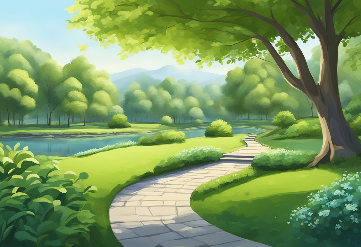 A tranquil park with lush greenery, a peaceful pond, and a winding path, surrounded by trees and a clear blue sky