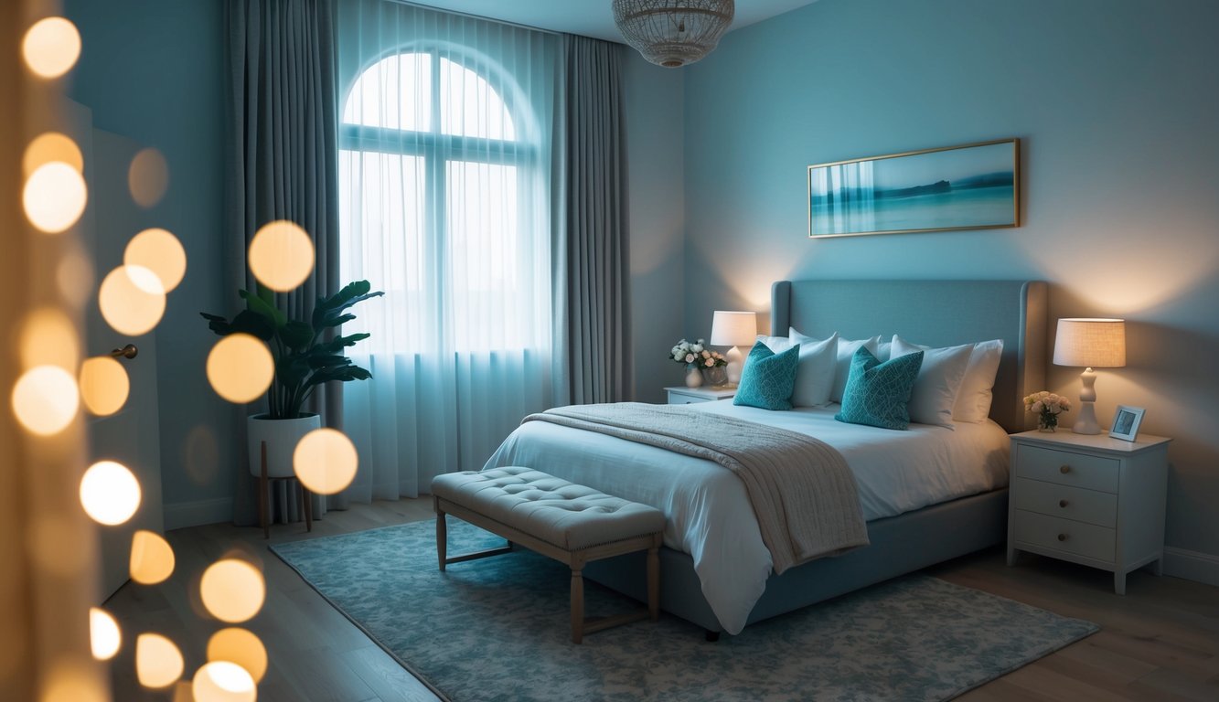 A tranquil bedroom with a cozy bed bathed in soft moonlight, surrounded by calming decor and a peaceful atmosphere