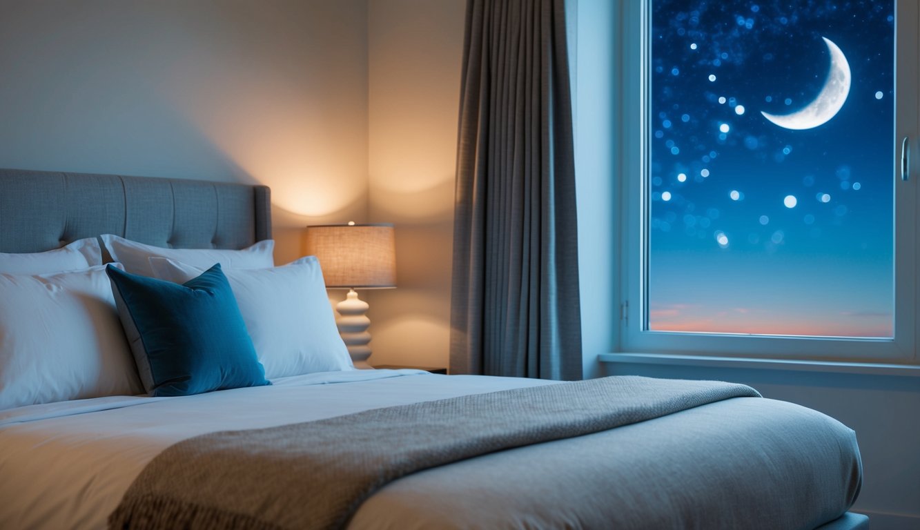 A serene bedroom with a cozy bed, soft pillows, and a warm blanket. A peaceful night sky outside the window with a crescent moon and twinkling stars