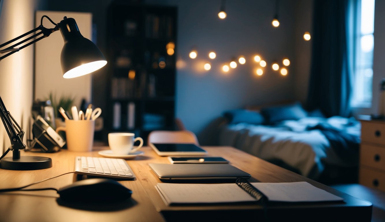 A cluttered desk with a dimly lit lamp, an empty coffee cup, and a disheveled bed in the background