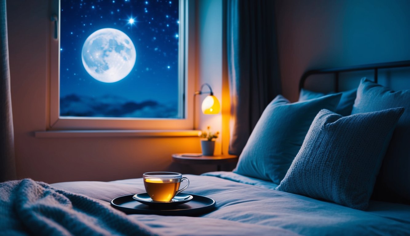 A peaceful bedroom with a cozy bed, soft pillows, and dim lighting. A warm cup of herbal tea sits on a bedside table. Outside the window, the moon and stars shine in the night sky