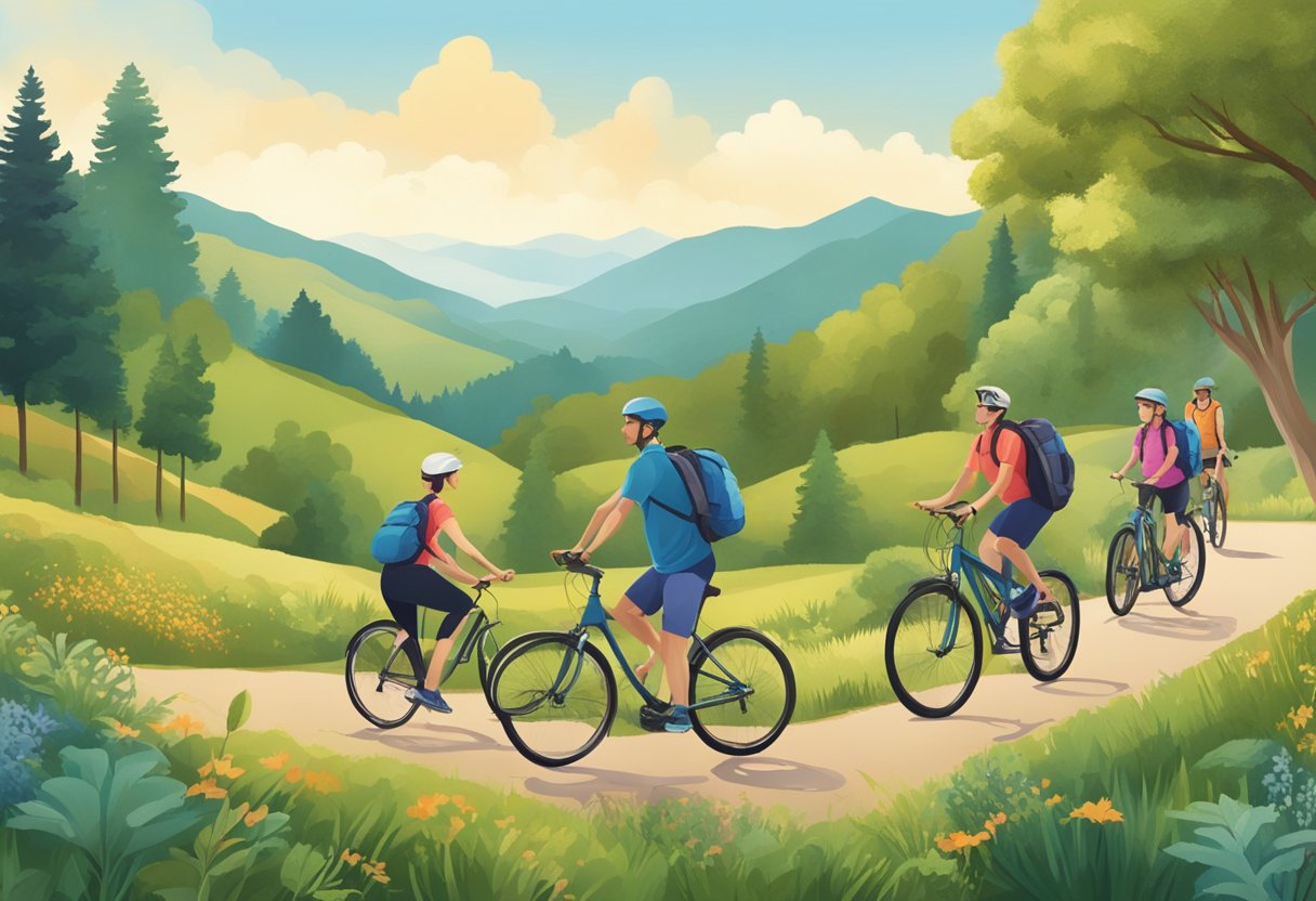 A group of people engaging in outdoor activities such as hiking, biking, and yoga in a scenic natural setting with a focus on healthy living and preventing heart disease