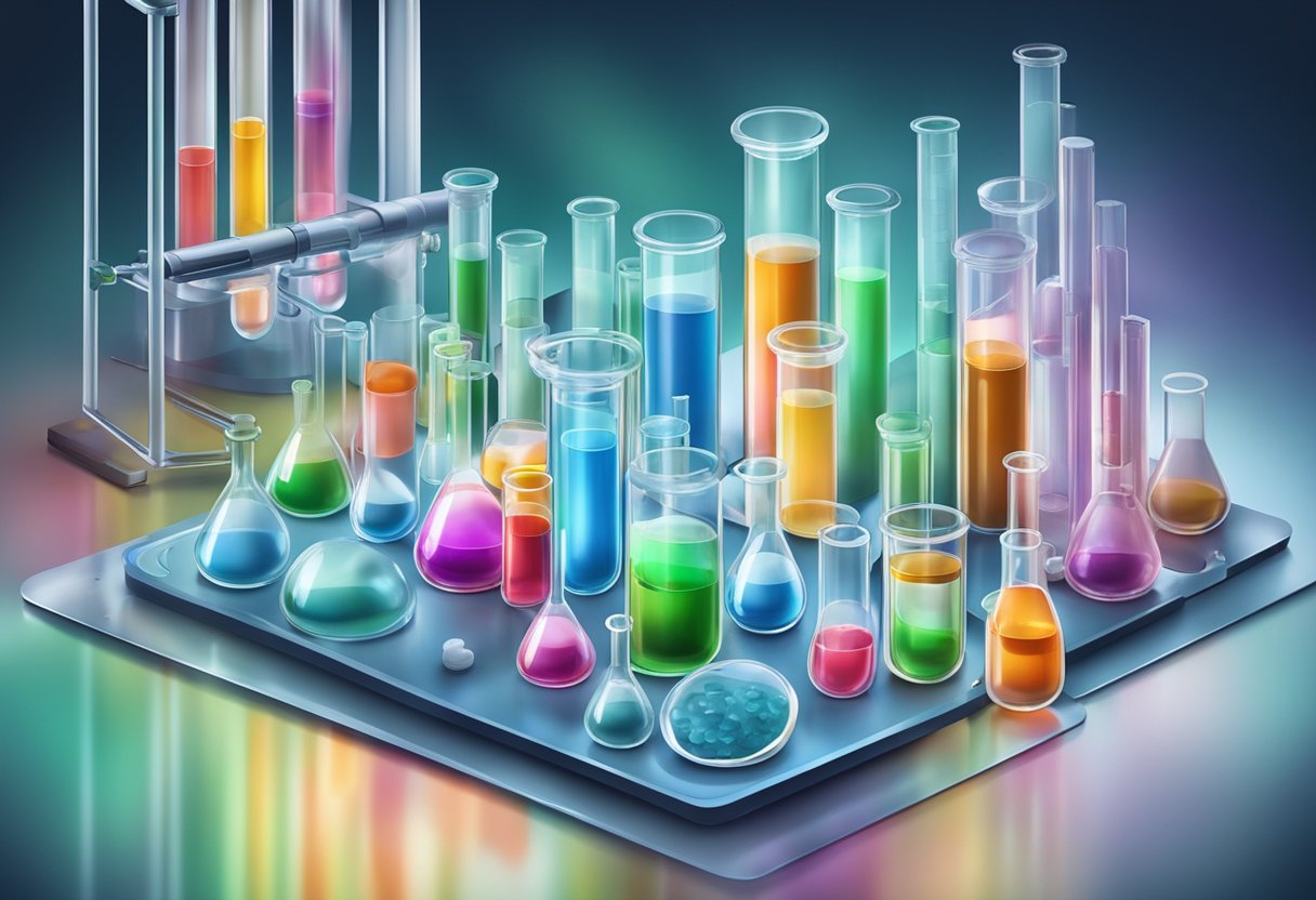 A laboratory table with test tubes, petri dishes, and scientific equipment, indicating stem cell research