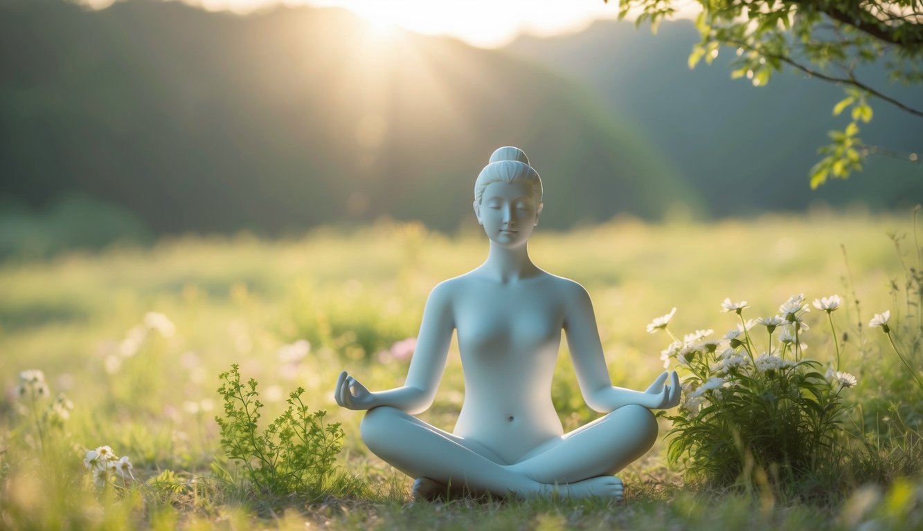 A serene, solitary figure sitting cross-legged in a peaceful, natural setting, surrounded by gentle, nurturing elements such as flowers and soft sunlight