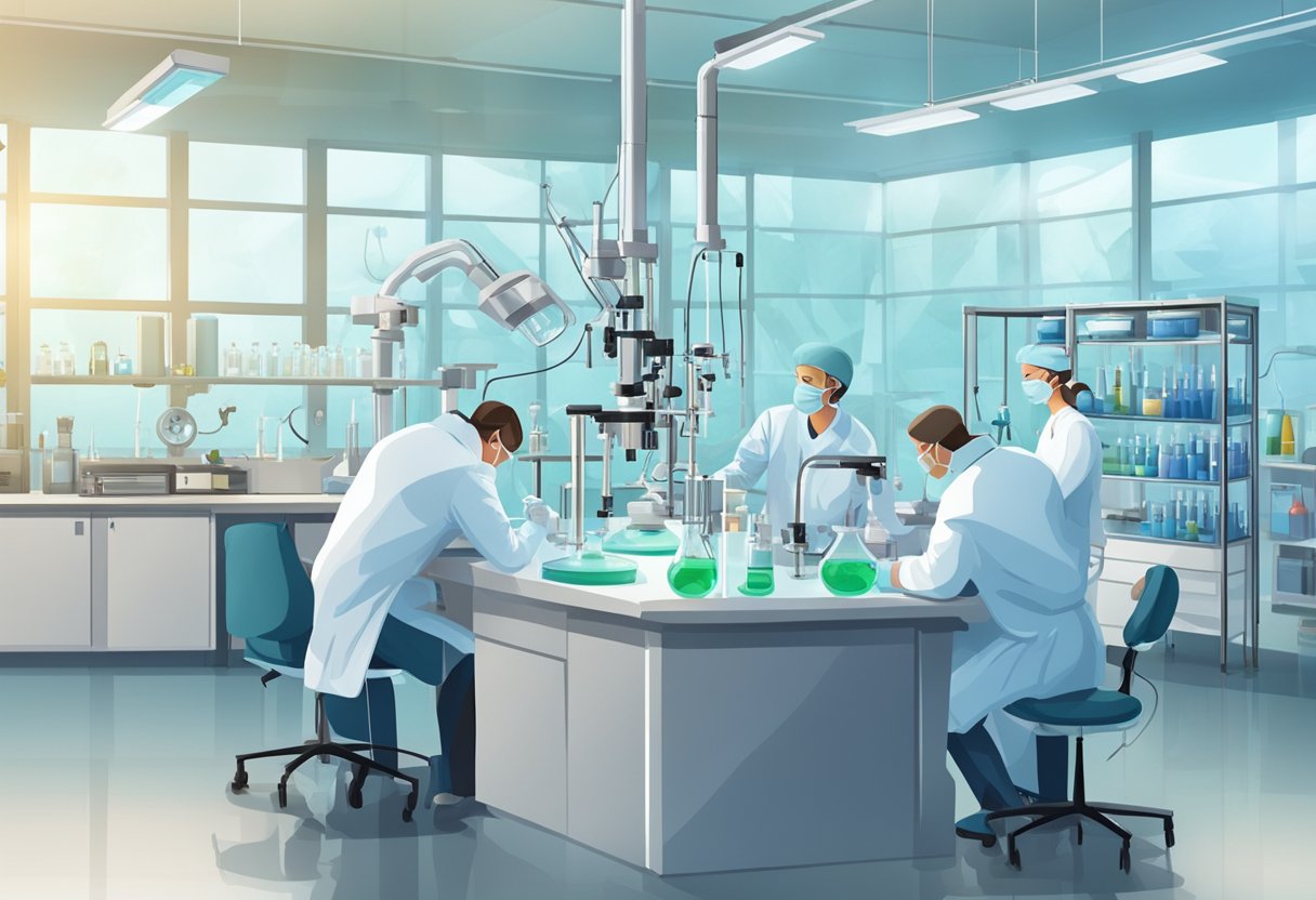 A laboratory setting with scientific equipment and researchers working on stem cell therapy