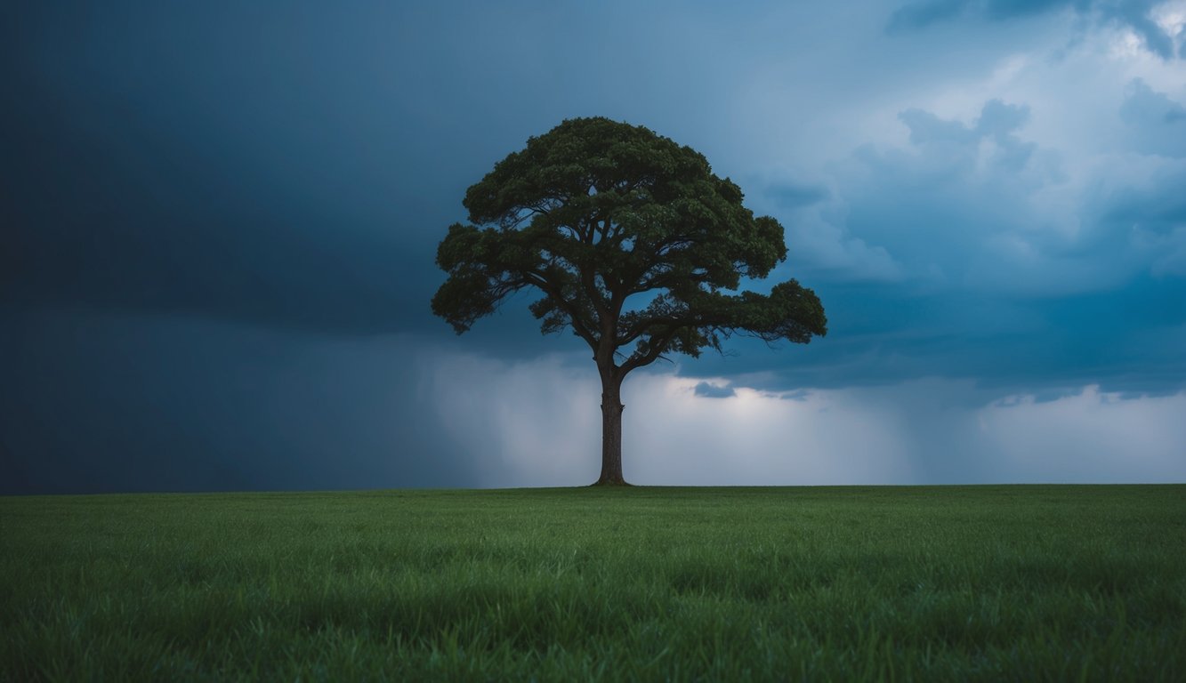 A serene landscape with a lone tree standing tall amidst a storm, symbolizing resilience and self-compassion in tough times