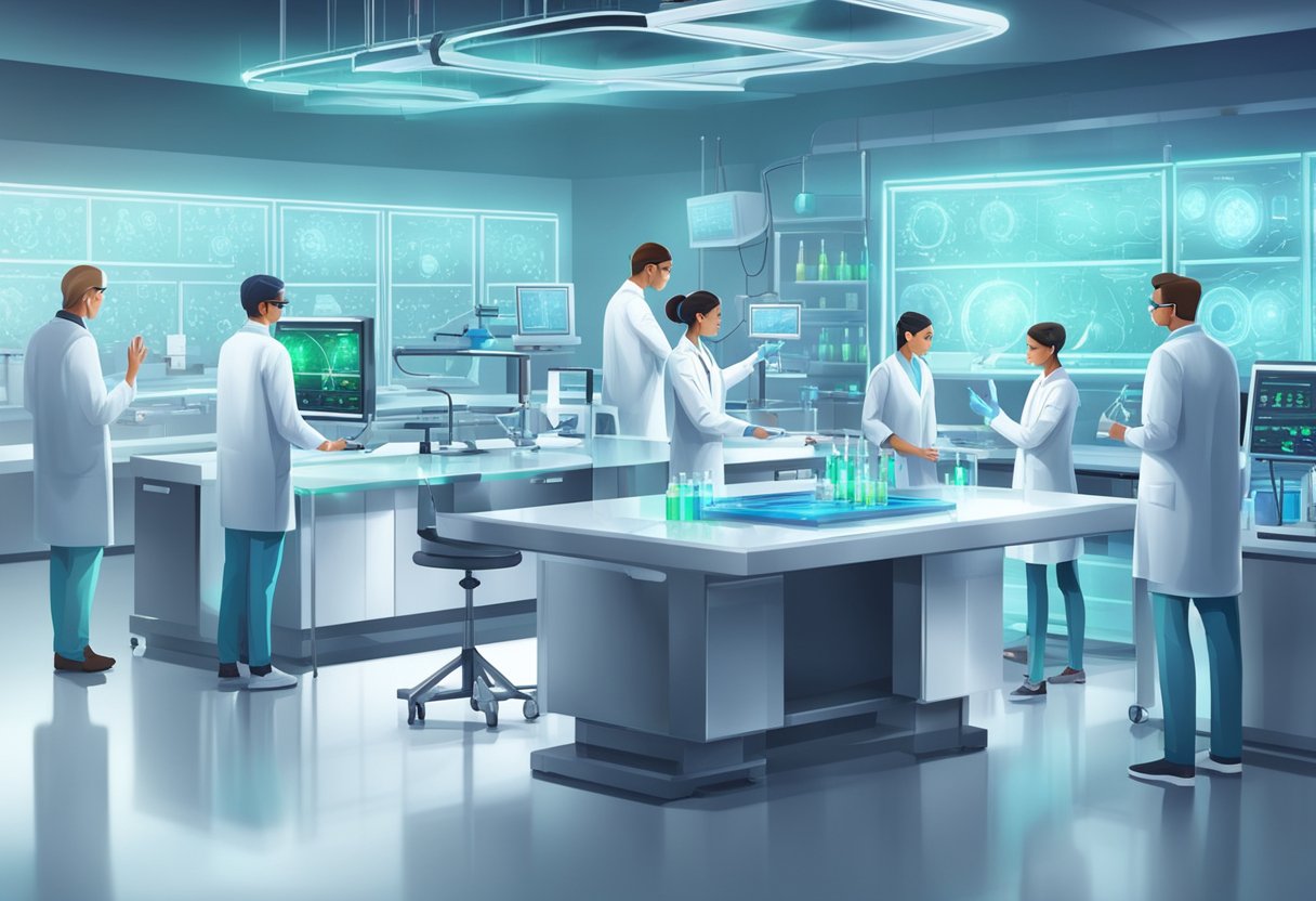 A futuristic laboratory with glowing vials and advanced equipment, surrounded by scientists in white coats conducting research on stem cell therapy