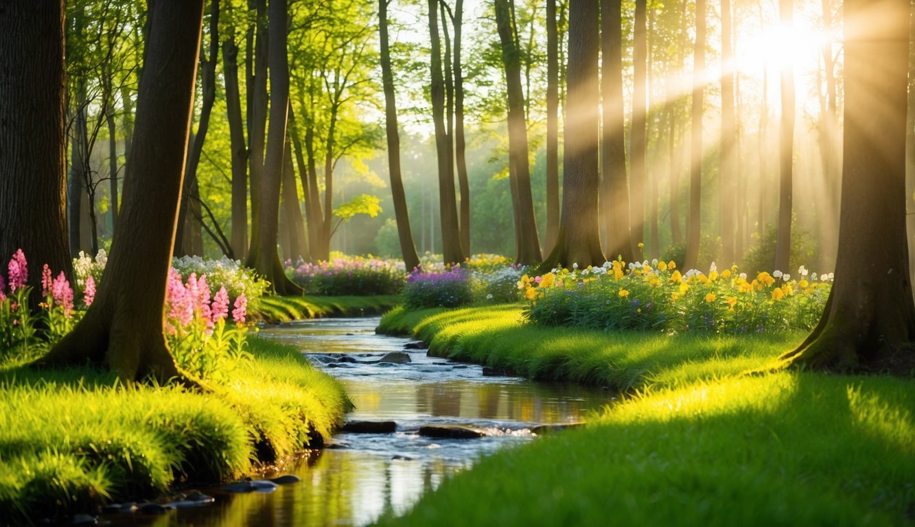 A serene forest with a gentle stream, sunlight filtering through the trees, and colorful flowers blooming, creating a peaceful and nurturing environment